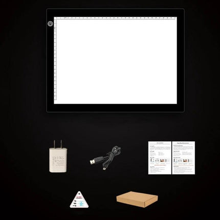A4 LED Dimmable Acrylic Copy Board for Sketching Drawings shown with USB cable, power adapter, manual and packaging