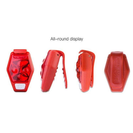 LED Back Clip Light For Outdoor Cycling And Running, Black - red four-LED clip shown from front, side and back views for biking and running visibility
