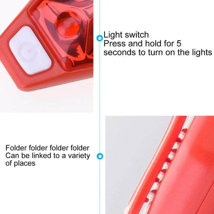 LED Back Clip Light For Outdoor Cycling And Running, Black showing close-up of red unit with power switch and clip, labeled instructions