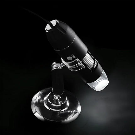 USB Digital Microscope for Detailed Everyday Inspections and Examinations - black USB microscope on adjustable stand inspecting small samples