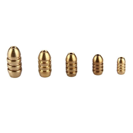 Four Gram Threaded Copper Bullet Sinker For Fishing Line Weights - copper 4g threaded bullet sinker shown in five sizes for precise depth control