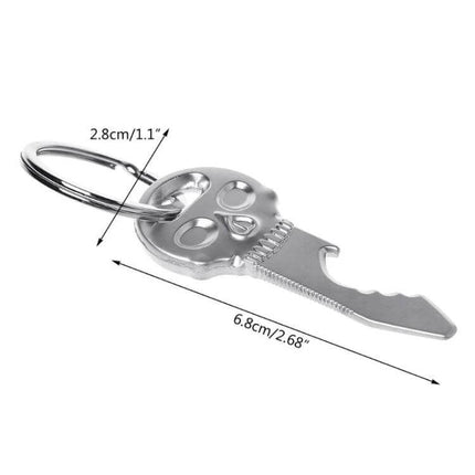 Skull Shaped Multi-Function Bottle Opener Key Chain Accessory stainless zinc alloy keyring showing dimensions, compact skull bottle opener for keys and bottles