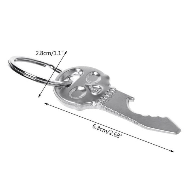 Skull Shaped Multi-Function Bottle Opener Key Chain Accessory stainless zinc alloy keyring showing dimensions, compact skull bottle opener for keys and bottles