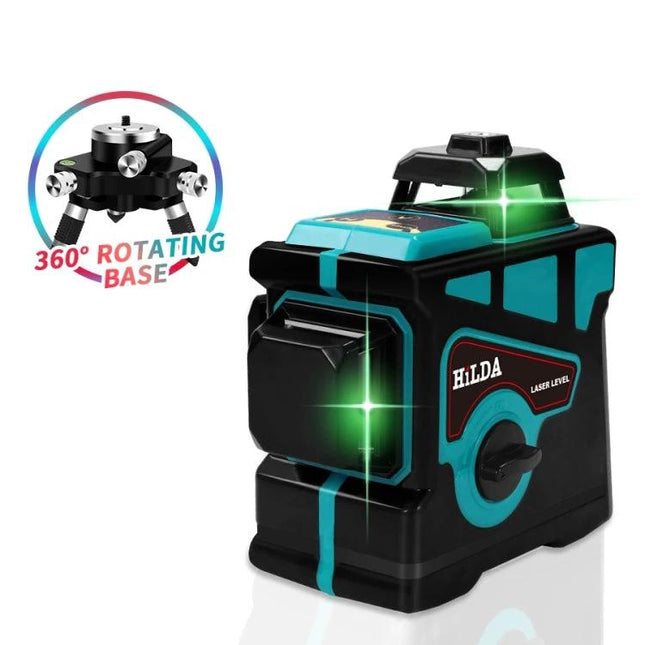 Hilda Self-Leveling Laser Level for Precise Everyday Alignment showing green laser lines and 360° rotating base for shelf, tile and artwork installation