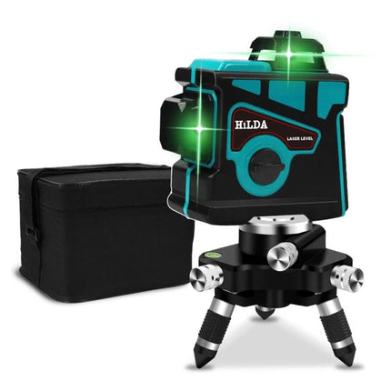 Hilda Self-Leveling Laser Level for Precise Everyday Alignment showing green crossline projection, tripod base and carrying case