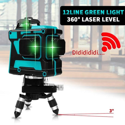 Hilda Self-Leveling Laser Level for Precise Everyday Alignment showing 12-line green 360° projection on tripod for accurate shelf, tile, artwork installation