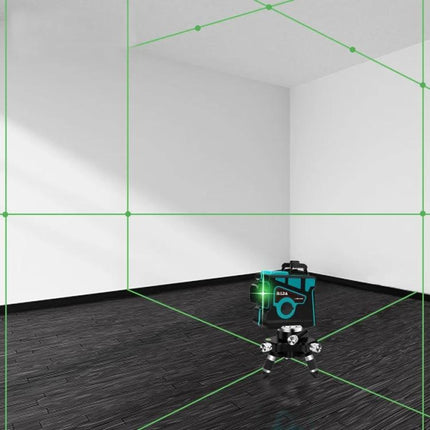 Hilda Self-Leveling Laser Level for Precise Everyday Alignment projecting green grid lines in a room for shelves, artwork, and tile installation