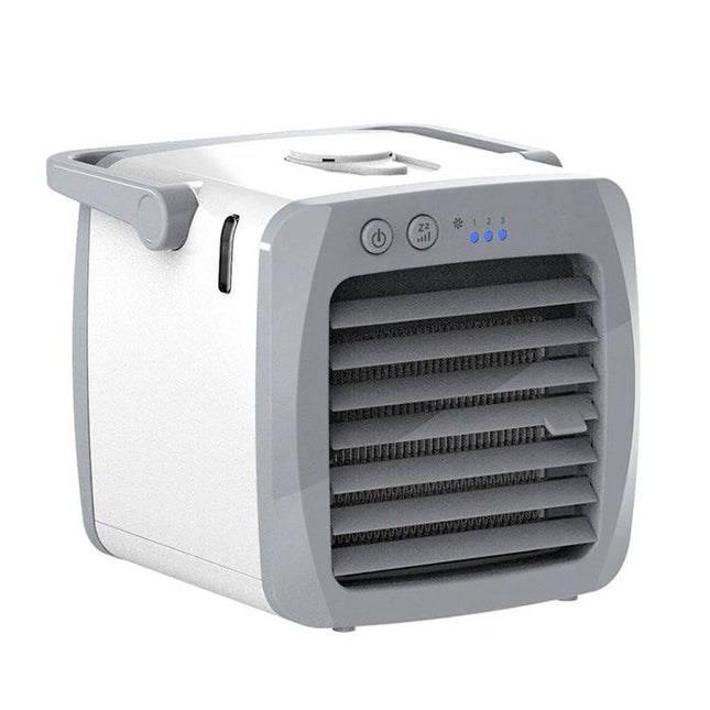 Compact Portable USB Air Cooler for Everyday Home Cooling small white grey USB personal desk cooler with handle and front vents