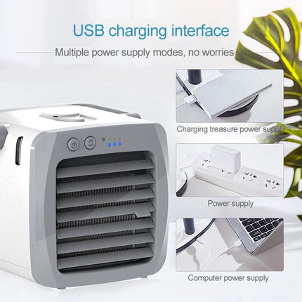 Compact Portable USB Air Cooler for Everyday Home Cooling on desk showing USB charging options and compact design