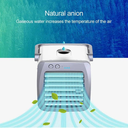 Compact Portable USB Air Cooler for Everyday Home Cooling showing compact white USB air cooler blowing cool air with leaves