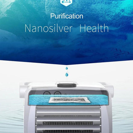 Compact Portable USB Air Cooler for Everyday Home Cooling showing nanosilver purification filter and water droplets