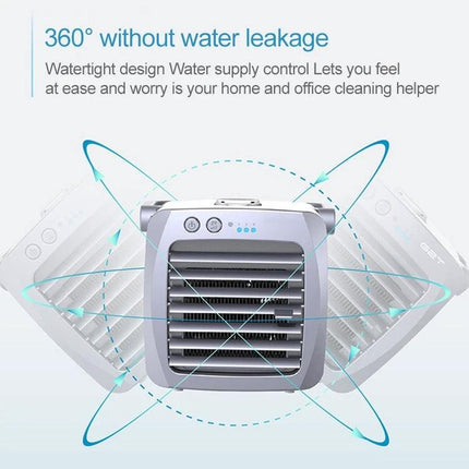 Compact Portable USB Air Cooler for Everyday Home Cooling shown front view with 360° rotation and watertight design