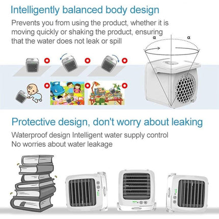 Compact Portable USB Air Cooler for Everyday Home Cooling showing compact white cooler, balanced waterproof design and desk use