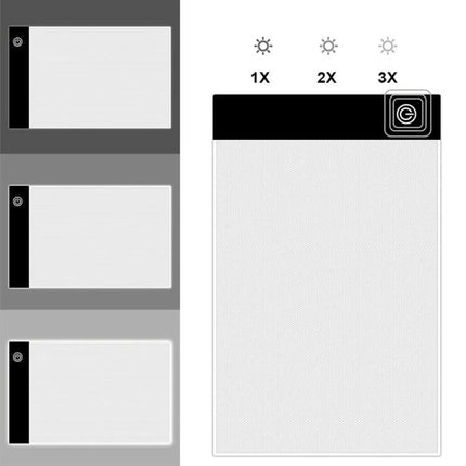 Portable A5 Acrylic Drawing Board with Dimmable Light showing compact A5 board, side power strip and three brightness levels icons
