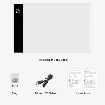 Portable A5 Acrylic Drawing Board with Dimmable Light showing A5 light pad, power button strip, USB cable, plug and instructions