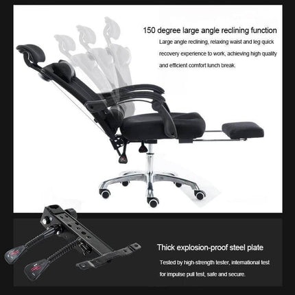 Office Chair for Home and Esports With Reclining Footrest showing 150° recline, breathable mesh back, wrapped headrest and extendable footrest