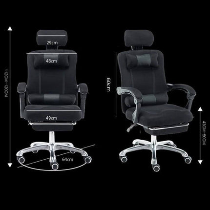 Office Chair for Home and Esports With Reclining Footrest shown in black mesh with wrapped headrest, adjustable height and footrest, dimensions labeled