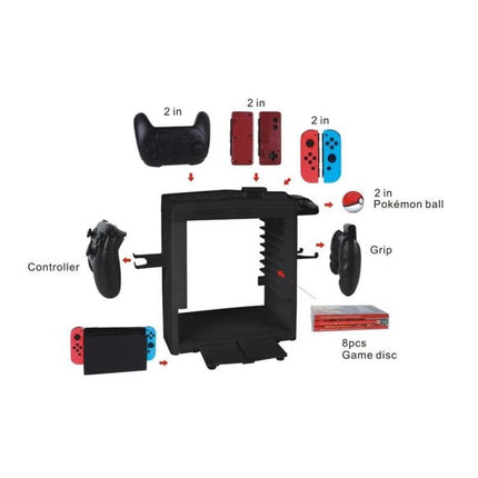KJH Organizer for Nintendo Switch Daily Gaming Setup - compact black stand storing console, controllers, Joy‑Con, grips, and 8 game discs