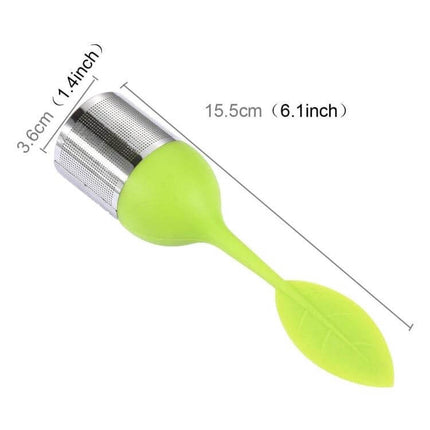 Food Grade Leaf Shaped Silicone Tea Infuser For Tea Time - compact green leaf silicone infuser with stainless steel mesh, 15.5cm (6.1in) for single cup brewing