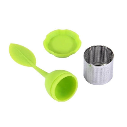 Food Grade Leaf Shaped Silicone Tea Infuser For Tea Time - compact green leaf silicone infuser with stainless steel strainer and drip tray