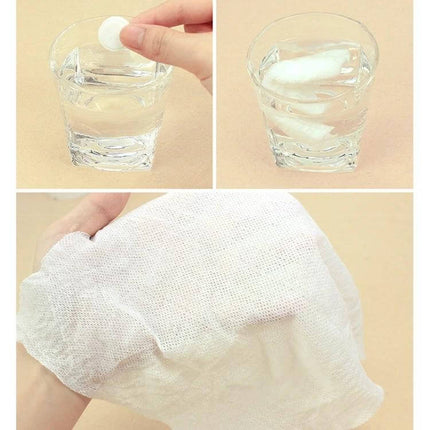 Candy Style Portable Disposable Travel Cotton Towel 22x20cm, 50 Pack showing tablet expanding in water into a 22×20 cm white disposable cotton towel