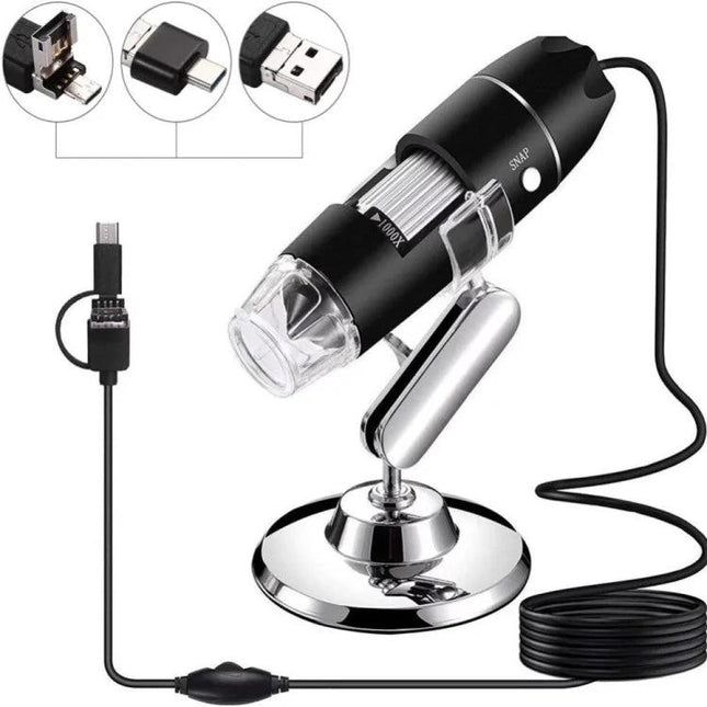 USB Digital Microscope with Adjustable Stand for Close-Up Viewing showing black handheld microscope on chrome adjustable stand with USB cable