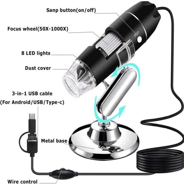 USB Digital Microscope with Adjustable Stand for Close-Up Viewing showing labeled parts, LED lights, focus wheel, 3-in-1 USB cable and metal base