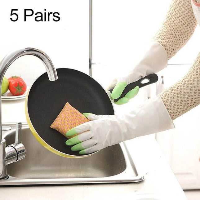 Household Cleaning Gloves Waterproof PVC Latex For Everyday Tasks shown washing dishes with green-grip PVC-latex gloves protecting hands