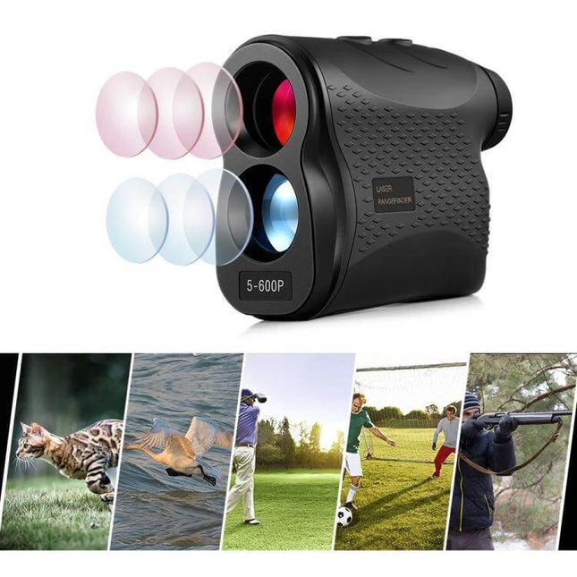 Golf Laser Range Finder 5-600m For Distance To Flag Or Green — compact black laser rangefinder 5–600m for golf, hunting, camping and sports