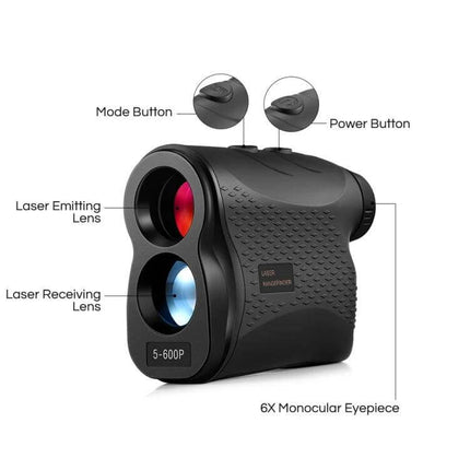 Golf Laser Range Finder 5-600m For Distance To Flag Or Green compact black 6X monocular with labeled mode and power buttons
