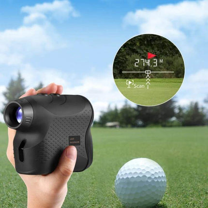 Golf Laser Range Finder 5-600m For Distance To Flag Or Green in hand pointing at golf ball and green, showing 274.3m digital readout