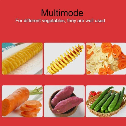 Tornado Potato Slicer Semi Automatic Spiral Cutter For Home Kitchen showing spiral potato, carrot and cucumber cuts in multiple modes