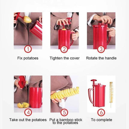 Tornado Potato Slicer Semi Automatic Spiral Cutter For Home Kitchen red ABS plastic step-by-step use showing potato loading, tighten cover, rotate handle, and spiral fries