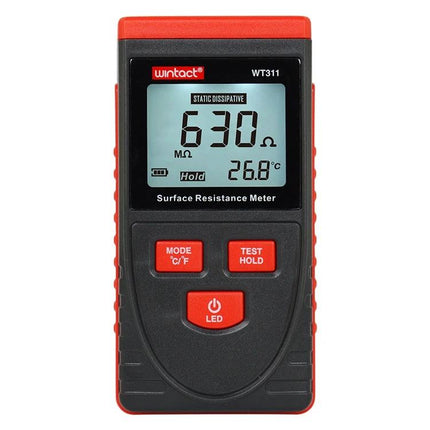 Wintact Surface Resistance Meter for Material Testing handheld meter displaying 630 MΩ and 26.8°C for material testing