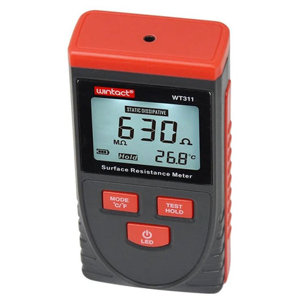 Wintact Surface Resistance Meter for Material Testing handheld meter showing 6.30 MΩ reading and 26.8°C display