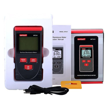 Wintact Surface Resistance Meter for Material Testing handheld meter with display, probe cable, manual and packaging shown