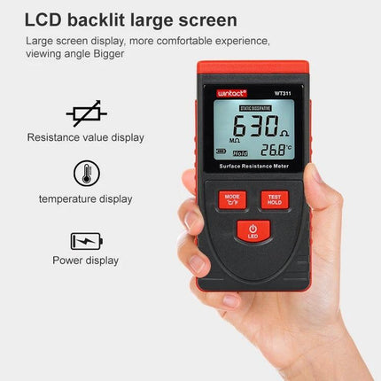 Wintact Surface Resistance Meter for Material Testing handheld meter showing 630 MΩ on LCD backlit large screen