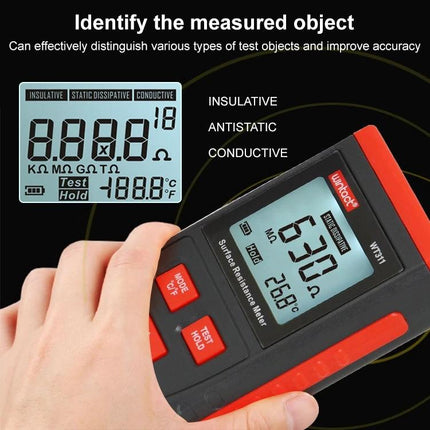 Wintact Surface Resistance Meter for Material Testing handheld device measuring surface resistance with display showing 6.30Ω and temperature