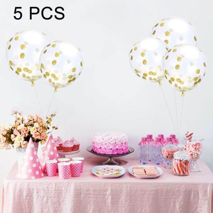 12 Inch Transparent Gold Sequins Confetti Balloons For Parties floating above a pink dessert table with cake and party decorations