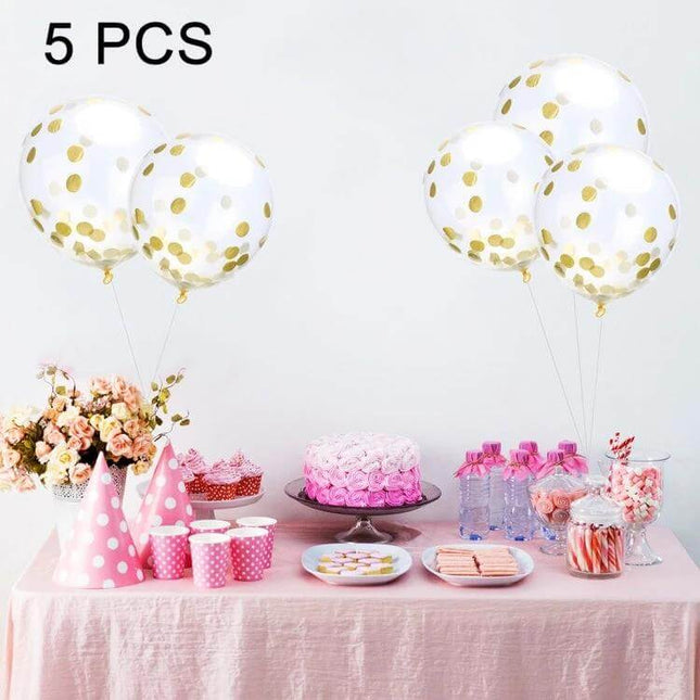 12 Inch Transparent Gold Sequins Confetti Balloons For Parties floating above a pink dessert table with cake and party decorations