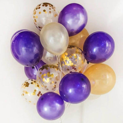 12 Inch Transparent Gold Sequins Confetti Balloons For Parties - cluster of transparent latex balloons filled with gold confetti and purple/gold balloons for wedding or party decor