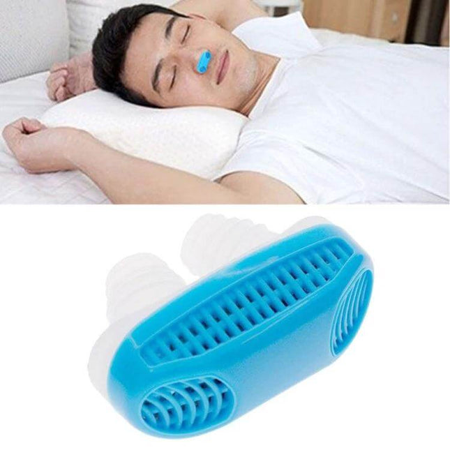 Compact Nasal Snoring Aid For Better Sleep With ABS Silicone shown in use on a sleeping man and close-up of blue ABS silicone nose insert