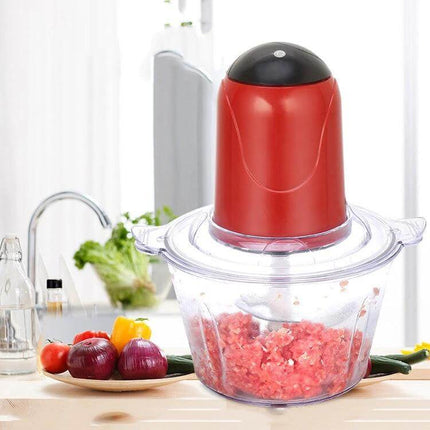 Multi Function Electric Kitchen Shredder Stirrer For Everyday Use compact red 2L chopper with stainless steel blades for shredding vegetables and sauces