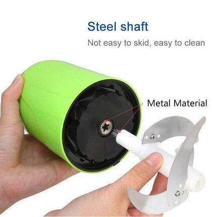 Multi Function Electric Kitchen Shredder Stirrer For Everyday Use compact green unit showing steel shaft and stainless steel blades for shredding and stirring