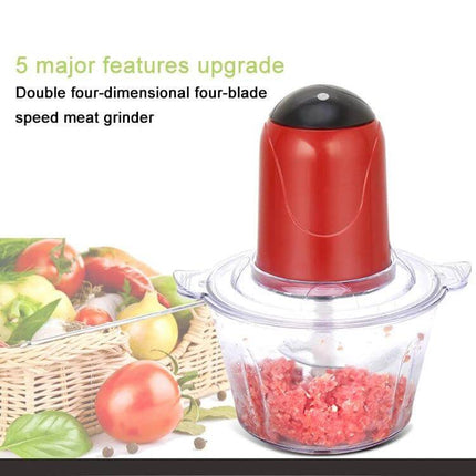 Multi Function Electric Kitchen Shredder Stirrer For Everyday Use red 2L stainless steel blade compact 200W food chopper shown with chopped meat