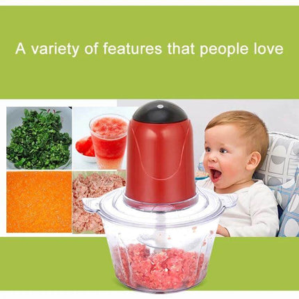 Multi Function Electric Kitchen Shredder Stirrer For Everyday Use compact red 2L chopper with stainless steel blades for shredding, blending, stirring
