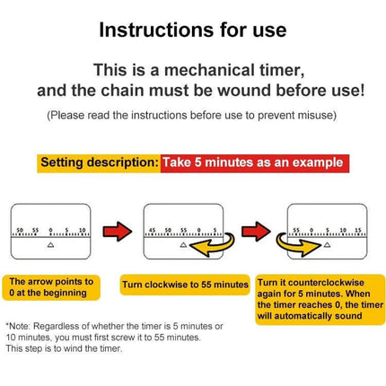 Chicken Shape 60-Minute Mechanical Kitchen Timer For Everyday Cooking - instructional diagram showing how to wind and set the 60-minute mechanical timer