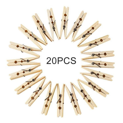 Mini Bamboo Clothes Pegs Pack For Laundry And Home Use - 20pcs mini natural bamboo clothespins in a circular arrangement for socks, delicates, snacks