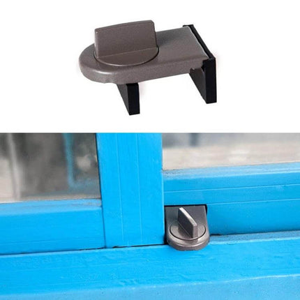 Sliding Sash Stopper Baby Safety Lock For Windows And Doors - compact thick iron slider lock installed on blue window to limit opening