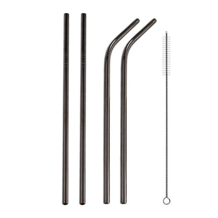 Reusable Stainless Steel Drinking Straw With Brush, 4-Pack, 215x6mm - set of two straight and two bent 304 stainless straws with cleaning brush